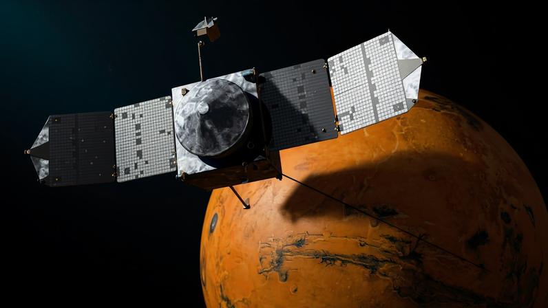 Ilustração da sonda Maven orbitando Marte