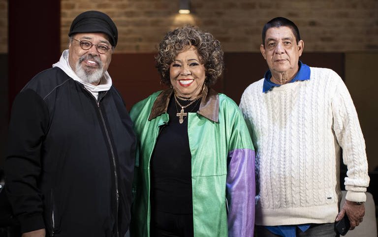 Jorge Aragão, Alcione e Zeca Pagodinho em estúdio na Barra da Tijuca, no Rio de Janeiro
