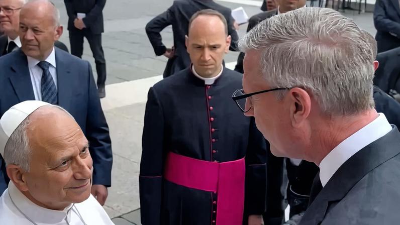 O tesoureiro do estado de Illinois, Michael Frerichs (direita), conversa com o papa Leão 14 na Praça São Pedro, no Vaticano