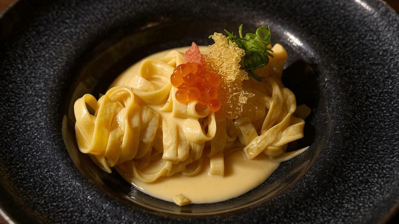 Fettuccine mentaiko no restaurante Tortuga, em Pinheiros