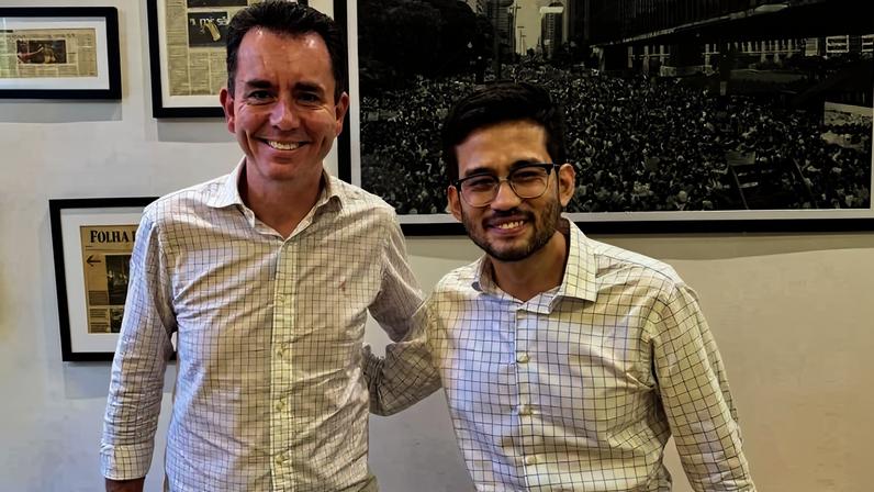 Os pré-candidatos ao governo Paulo Serra (PSDB) e Kim Kataguiri (Missão), em encontro em abril