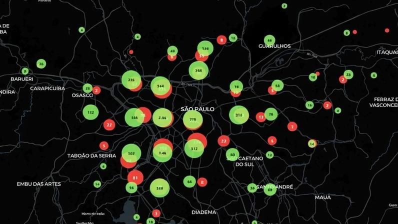 Mapa mostra círculos verdes e vermelhos de diferentes tamanhos indicando dados quantitativos em São Paulo e cidades vizinhas. Círculos maiores estão concentrados na área central de São Paulo, com números visíveis dentro deles. Cidades como Osasco, Diadema e Santo André também apresentam círculos destacados. Fundo preto com nomes das cidades em branco e linhas de rodovias.