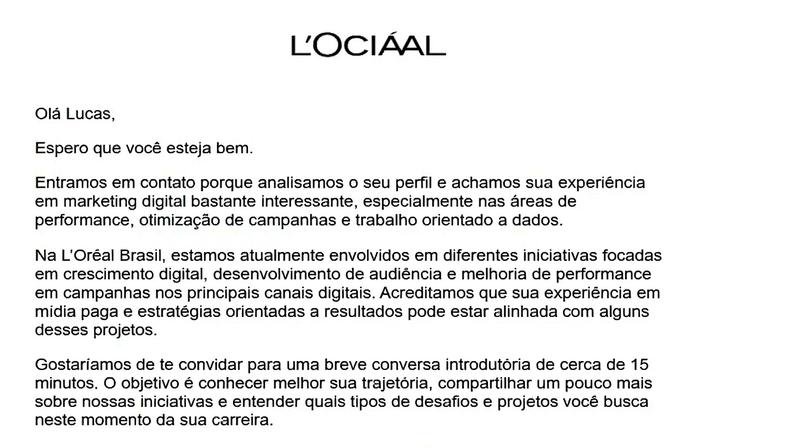Carta da L'Oréal Brasil endereçada a Lucas, destacando interesse em seu perfil e experiência em marketing digital, convidando para uma conversa de 15 minutos via Google Meet para discutir trajetória e projetos profissionais.