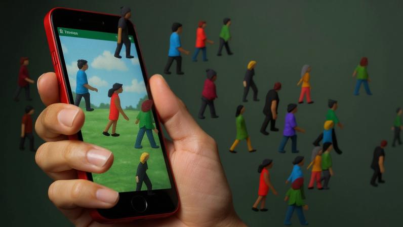 Mão segurando celular com várias pessoas coloridas caminhando para fora da tela, sobre fundo verde com linhas pontilhadas indicando movimento.