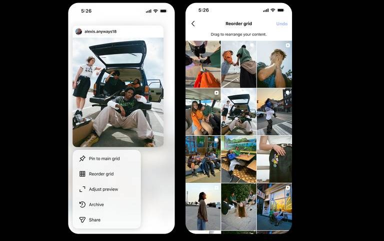 Dois smartphones mostram telas de um aplicativo de fotos. O da esquerda exibe uma imagem principal de três pessoas próximas a um carro com porta-malas aberto e um menu flutuante com opções como 'Pin to main grid', 'Reorder grid', 'Add/Edit preview', 'Archive' e 'Share'. O da direita apresenta uma grade de doze miniaturas de fotos variadas, incluindo pessoas, paisagens e objetos, com a opção 'Reorder grid' no topo.