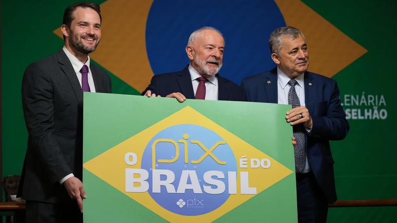 Da esq. para dir, Dario Durigan (Fazenda), Lula e José Guimarães (Relações Institucionais) mostram cartaz em defesa do Pix durante reunião do Conselhão