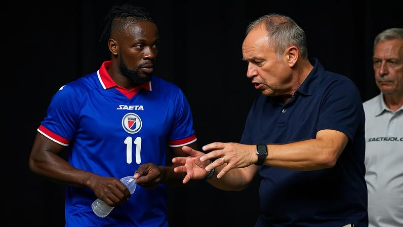 Jogador do Haiti Louicius Deedson com o treinador Sebastien Migne durante partida contra o Peru o dia 5 de junho