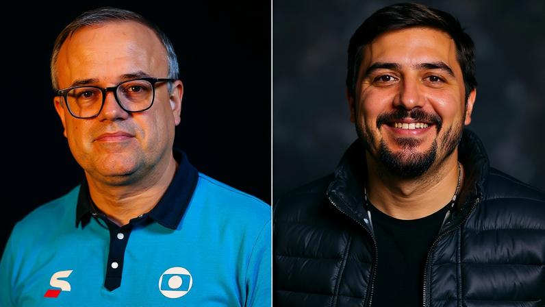 Os narradores Everaldo Marques, da Globo, e Luis Felipe Freitas, da CazéTV