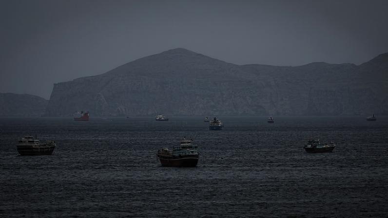 Nove barcos de pesca ancorados em mar calmo com ilha rochosa e montanhosa ao fundo sob céu claro.