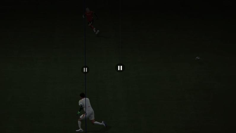 Avatares de jogadores de futebol em um lance de impedimento, com uma linha riscada entre eles para identificar quem está na frente. Um está com o uniforme branco e o outro, com camisa vermelha