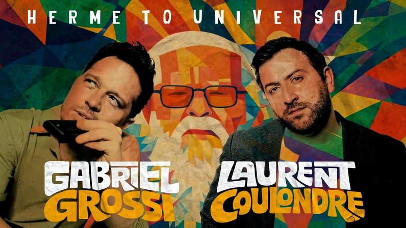 Arte vibrante com fundo geométrico colorido e retrato estilizado de Hermeto Pascoal ao centro. À esquerda, Gabriel Grossi apoia o queixo na mão, olhando para o lado. À direita, Laurent Coulondre olha para frente. Nomes dos músicos em letras grandes e coloridas na parte inferior.