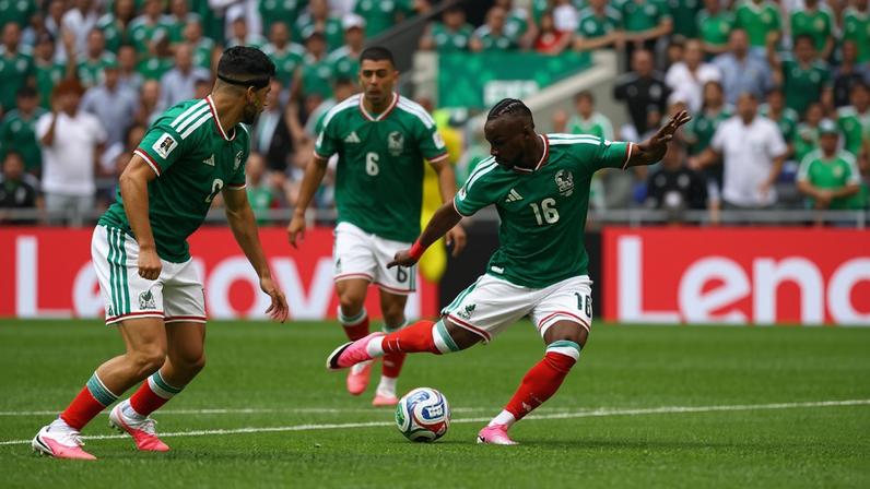 Quiñones arremata a bola para marcar o primeiro gol do México na Copa do Mundo 2026; atacante foi o craque da partida