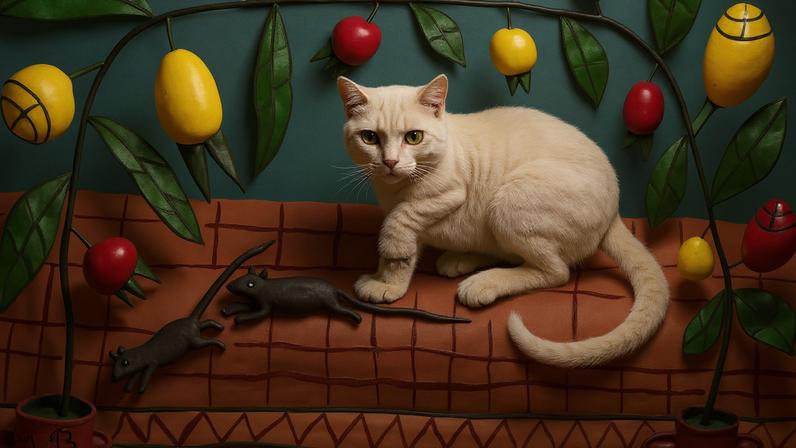 Desenho estilizado mostra um gato branco no centro, com dois ratos pretos à sua frente. O fundo apresenta um padrão quadriculado em tons terrosos, e há duas plantas com folhas verdes e flores vermelhas e amarelas em vasos nas extremidades da imagem.