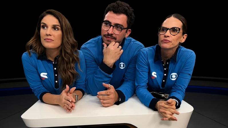 Kelly Costa, Mauricio Paulucci e Joanna de Assis no Partiu Copa, do SporTV