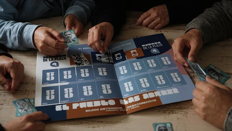 Quatro jovens sentados ao redor de uma mesa preenchem um álbum de figurinhas com fotos de pessoas. Eles sorriem e interagem enquanto colocam as figurinhas no álbum azul. A mesa tem a frase "Muchas manos juntas llenando un álbum con memoria" escrita embaixo.