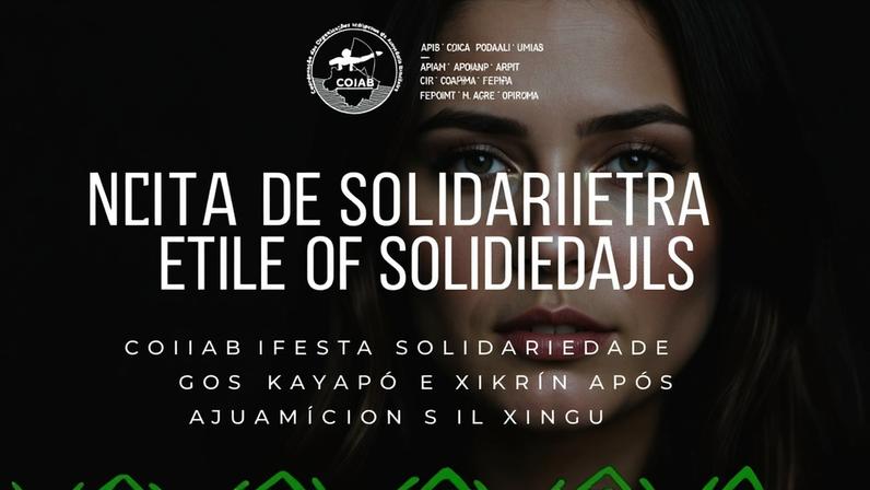Cartaz preto com texto branco e verde. No centro, destaca-se a frase 'Nota de Solidariedade'. Abaixo, texto informa que a COIAB manifesta solidariedade aos povos Kayapó e Xikrin após naufrágio no rio Xingu. Elementos gráficos em verde formam padrão zig-zag na parte inferior.