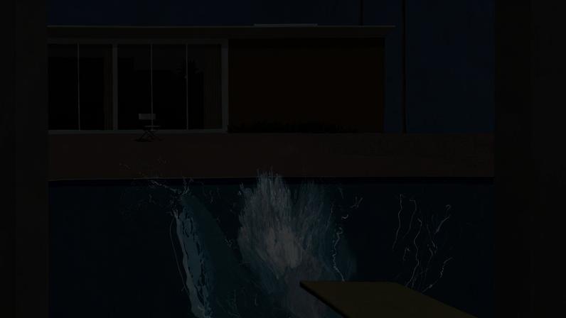 A imagem mostra uma piscina com uma pranchinha de mergulho amarela. Há uma salpico de água na piscina, indicando que alguém mergulhou. Ao fundo, há uma casa moderna com grandes janelas e uma área externa com algumas plantas. No lado direito, há duas palmeiras e um céu azul claro.
