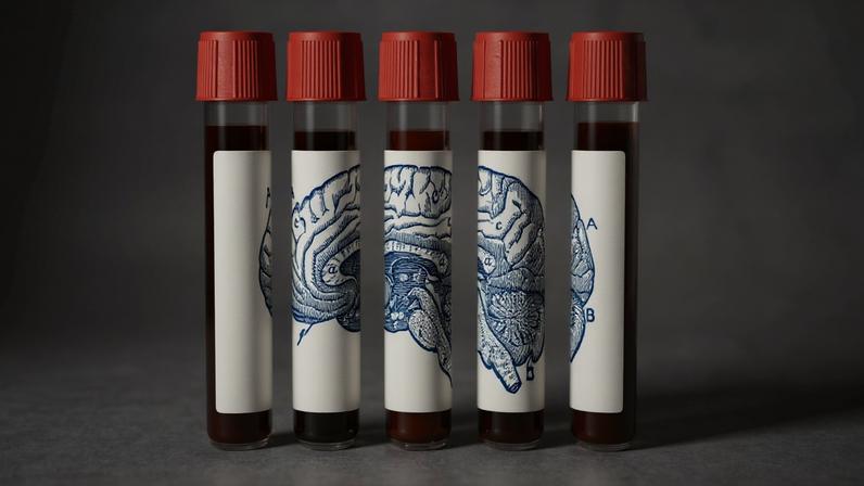 Cinco tubos de ensaio alinhados verticalmente, cada um contendo sangue e com tampa vermelha. Juntos, os tubos formam uma ilustração azul detalhada do cérebro humano dividida em partes, distribuída nas etiquetas brancas dos tubos.