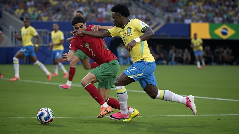 O atacante Vinicius Junior, do Brasil, encara a marcação do lateral direito Hakimi, de Marrocos; jogo duro terminou empatado