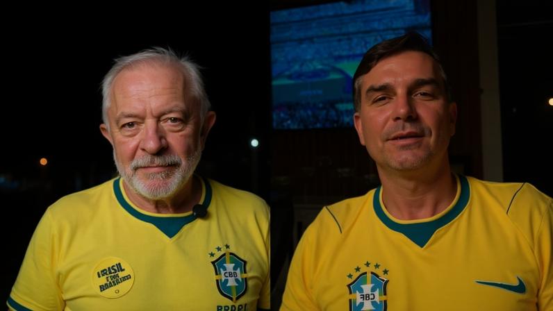 Lula e Flávio Bolsonaro em vídeos nas redes sociais antes da partida entre Brasil e Marrocos, neste sábado (13)