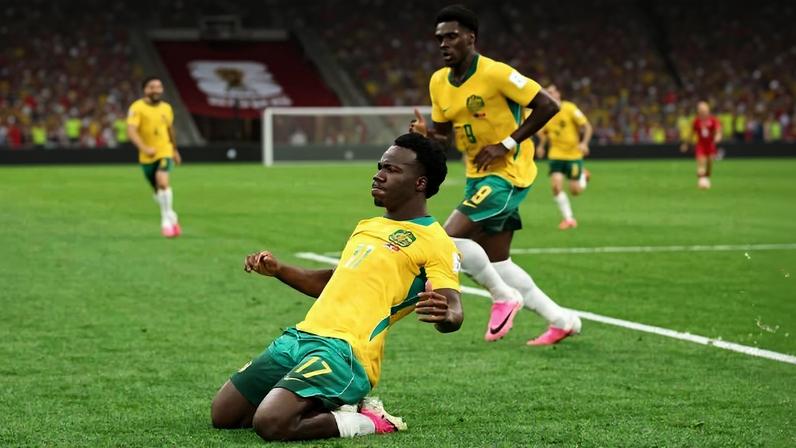 Nestory Irankunda comemora o seu gol no 1º tempo do duelo contra a Turquia, em Vancouver, pelo Grupo D da Copa do Mundo
