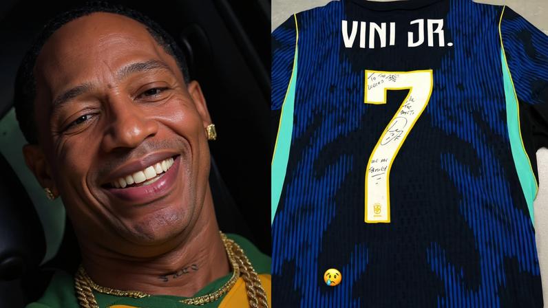 Travis Scott torce pelo Brasil durante jogo de estreia e ganha camisa autografada de Vini Jr.