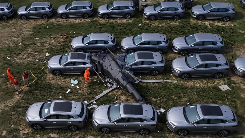 Helicóptero preto tombado entre carros cinza estacionados em área gramada. Pessoas vestindo roupas laranja inspecionam a cena.