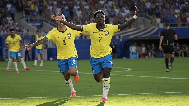 Vini Jr. comemora gol pela seleção em partida contra o Marrocos no MetLife Stadium, em Nova Jerse