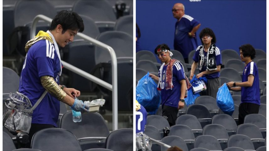 Torcedores japoneses recolhendo o lixo do Dallas Stadium após o empate entre Japão e Holanda, por 2 a 2, na primeira rodada da Copa do Mundo, em 14 de junho de 2026 — Foto: Getty Images
