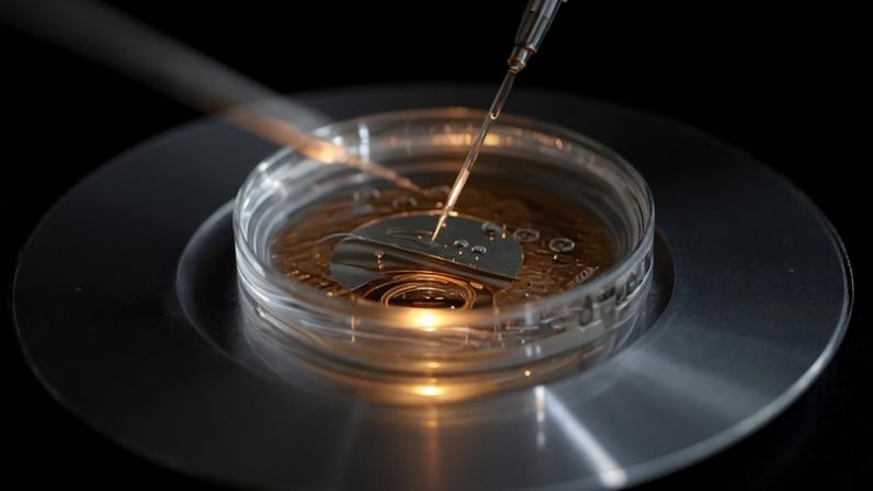 Técnica em processo de vitrificação de embrião em laboratório em Paris
