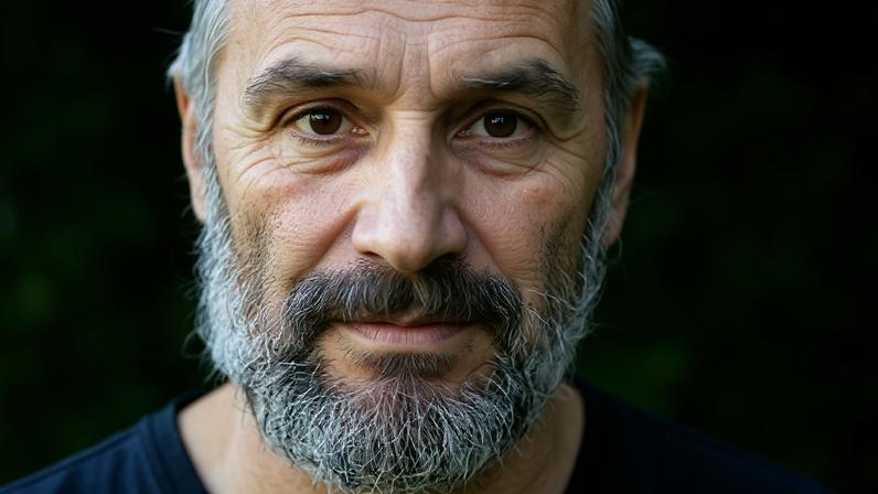 Homem de meia-idade com barba e cabelo grisalho, usando camiseta escura, posando em ambiente externo com vegetação ao fundo.