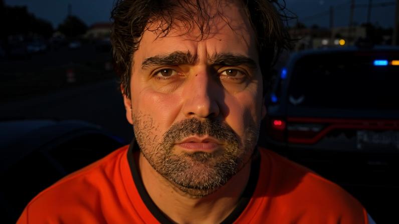 Homem de expressão séria veste camisa laranja do Denver Broncos com número 18. Ao fundo, viatura policial com luzes acesas e carros em via urbana ao entardecer.