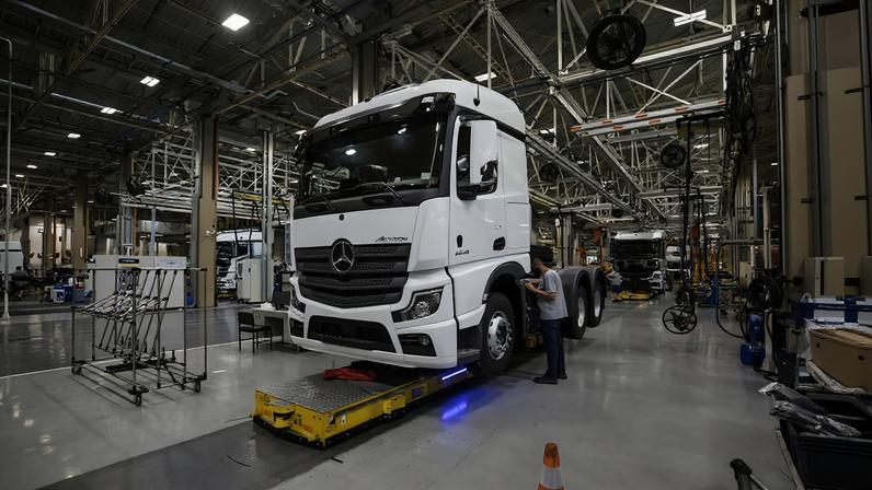 Funcionários trabalham na linha de montagem da Mercedes-Benz em São Bernardo do Campo (ABC)