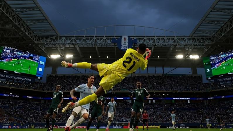 Goleiro saudita Mohammed Al-Owais defende bola em jogo contra o Uruguai