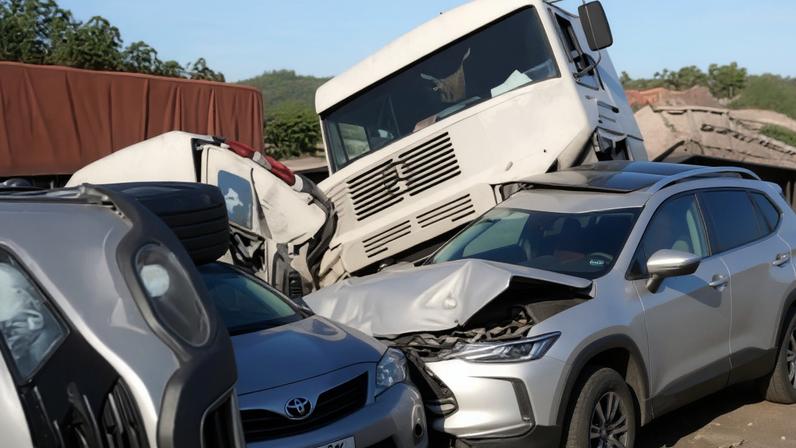 Cinco veículos envolvidos em colisão na rodovia, incluindo um caminhão branco tombado e quatro carros amassados, um deles capotado.