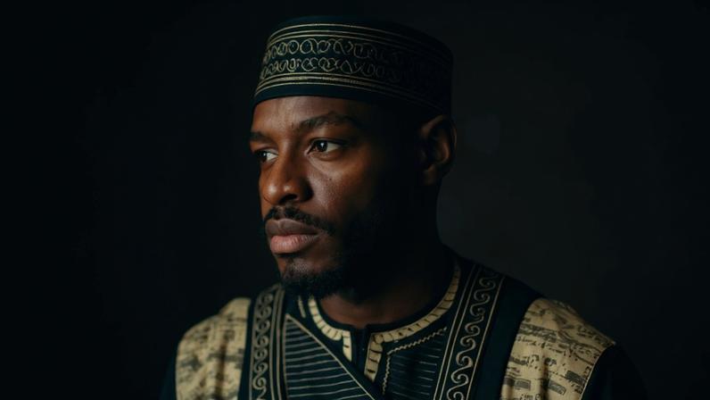 Homem negro veste roupa tradicional africana preta com detalhes dourados e chapéu combinando, olhando pensativo pela janela com cortinas ao fundo.