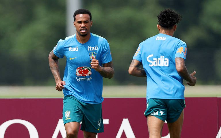 O zagueiro Gabriel Magalhães em um dos treinamentos da seleção brasileira em Morristown, Nova Jersey