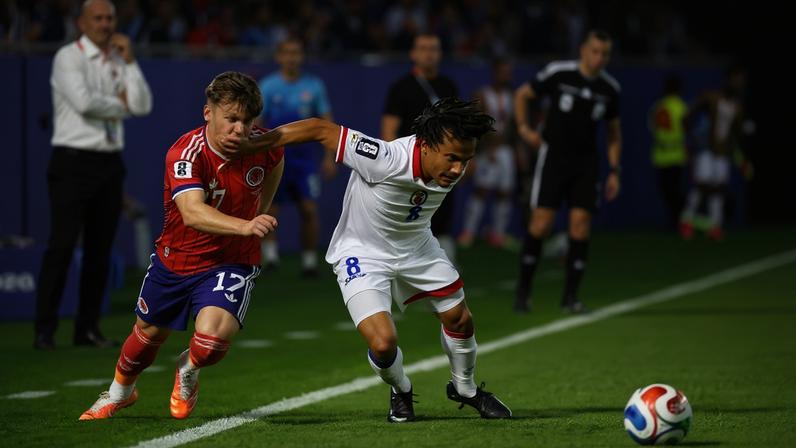 Ben Gannon-Doak (esq.), da Escócia, sofre falta de Martin Experience, do Haiti, na partida entre as duas seleções em Boston, pelo Grupo C da Copa do Mundo