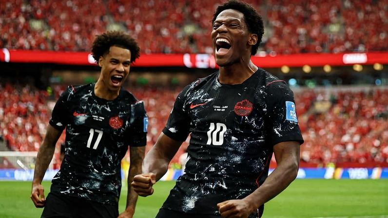Jonathan David e Tajon Buchanan comemoram gol em partida contra Qatar