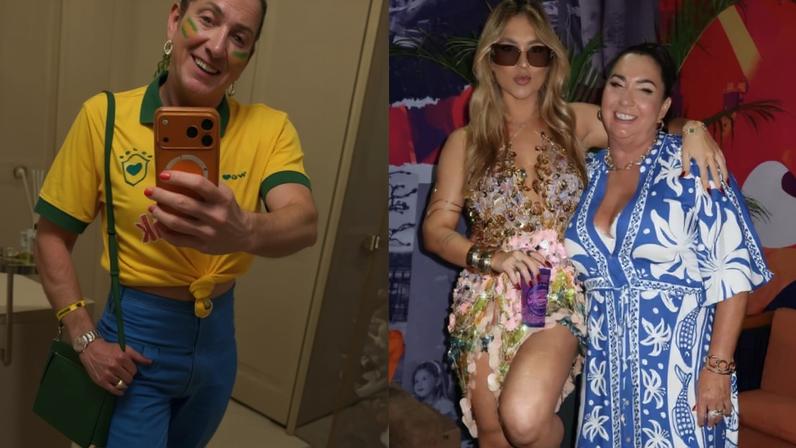 À esquerda, mulher em banheiro tira selfie com celular laranja, veste camisa amarela da seleção brasileira e calça azul, com bolsa verde no ombro. À direita, duas mulheres posam juntas; uma usa vestido curto estampado e óculos escuros, a outra veste vestido azul com estampa branca, ambas sorrindo em ambiente interno decorado.