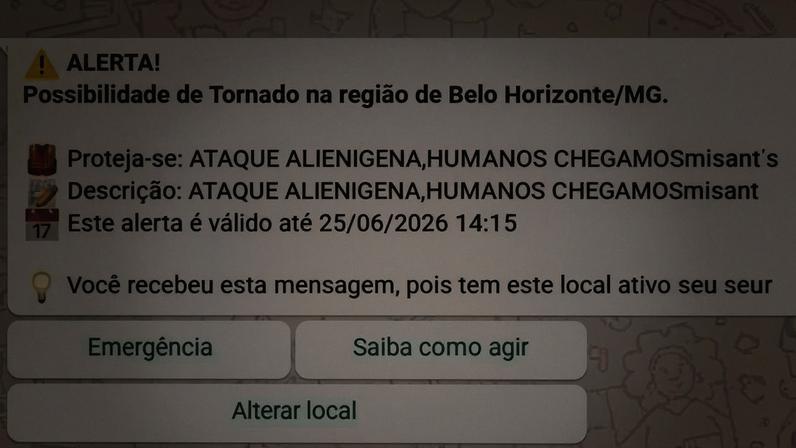 Mensagem enviada a moradores de BH por meio de WhatsApp incluiu aviso sobre ataque alienígena