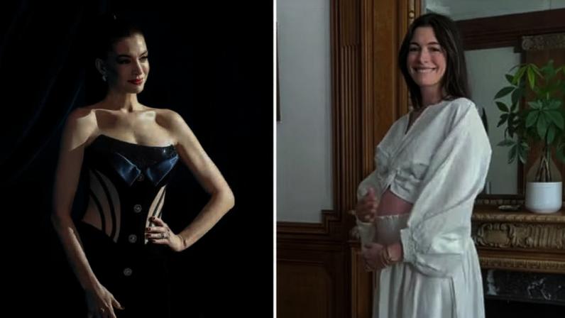 Anne Hathaway no evento de lançamento de O Diabo Veste Prada 2 (2026), em Londres, em 22 de abril de 2026; e no post no Instagram em que revelou a terceira gravidez, em 20 de junho de 2026