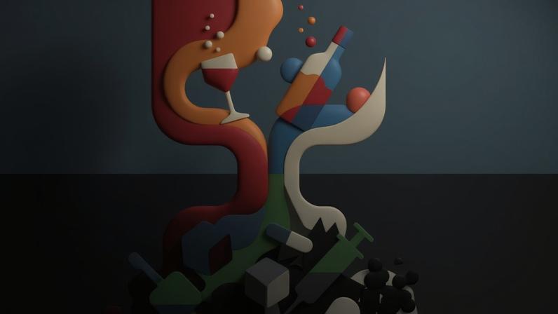 Ilustração dividida em duas partes: na parte superior, cores claras mostram uma taça e uma garrafa de bebida alcoólica com bolhas, representando consumo. Na parte inferior, cores escuras formam silhuetas de garrafas quebradas e objetos fragmentados, simbolizando consequências negativas.