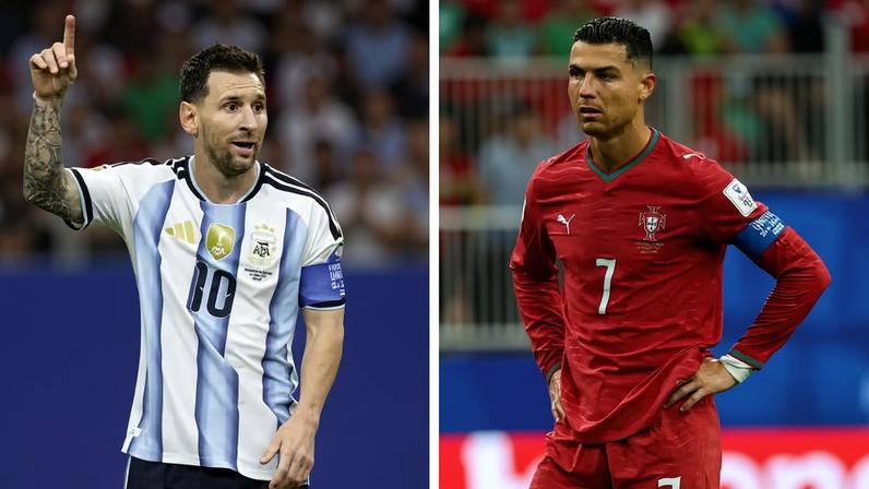 Lionel Messi em ação na vitória da Argentina, por 2 a 0, em cima da Áustria, na segunda rodada da fase de grupos da Copa do Mundo de 2026, em 22 de junho de 2026; Cristiano Ronaldo no empate de Portugal, por 0 a 0, com RD Congo, na primeira rodada da fase de grupos da Copa do Mundo de 2026, em 17 de junho de 2026 — Foto: Getty Images