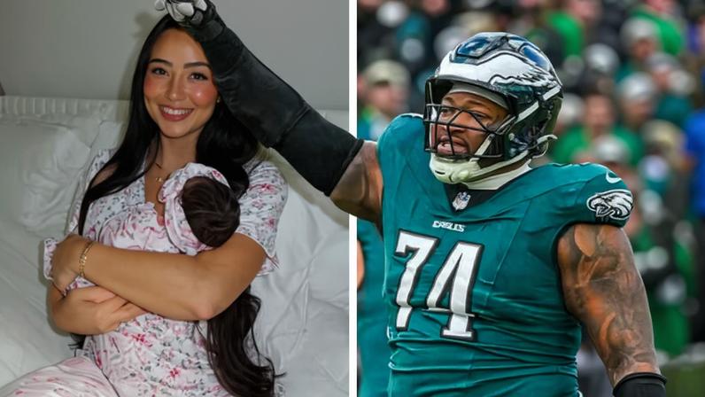 A influencer Lyss Okada segurando a filha recém-nascida do relacionamento com o jogador de futebol ameriano Fred Johnson