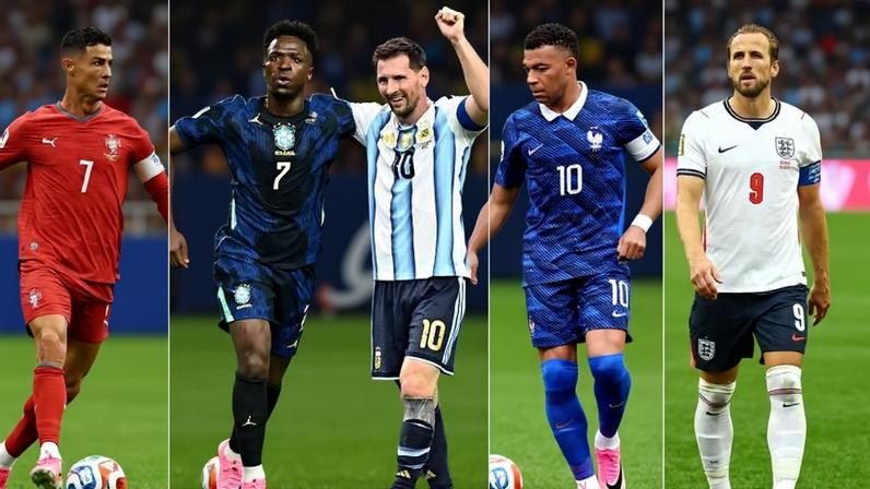 Cristiano Ronaldo, Vinicius Junior, Messi, Mbappé e Kane
