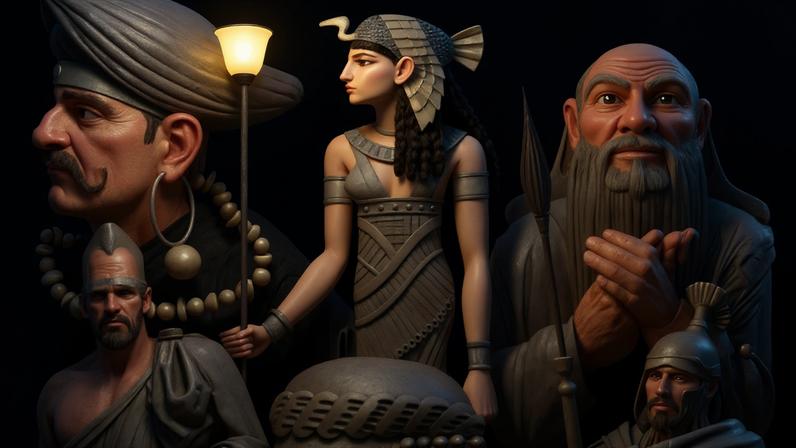 Desenho em estilo antigo mostra várias figuras históricas e mitológicas, incluindo um rei com barba trançada, um guerreiro com turbante, uma deusa alada, e outros personagens com armaduras e armas, sobre fundo bege envelhecido.