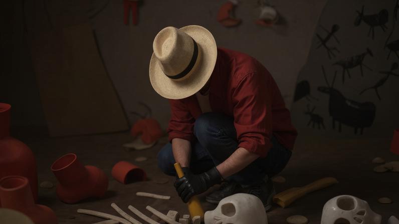 Arqueólogo com chapéu branco e camisa vermelha examina ossos e artefatos no solo de uma escavação. Ao fundo, outras pessoas trabalham em área aberta com tenda branca e árvores ao longe. Ferramentas arqueológicas ilustradas aparecem ao lado direito da imagem.