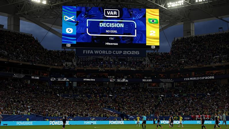 Telão mostra mensagem que anula segundo gol do Brasil após revisão do VAR durante a partida contra a Escócia