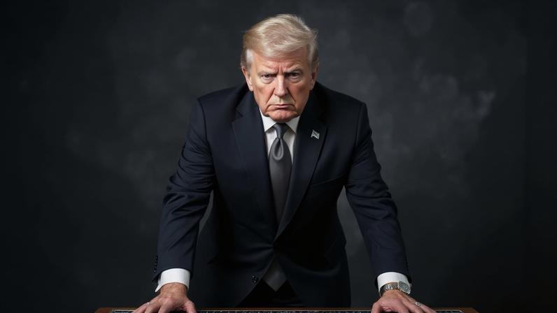 Imagem de Trump com semblante sério acompanha texto da Declaração da Independência dos Estados Unidos